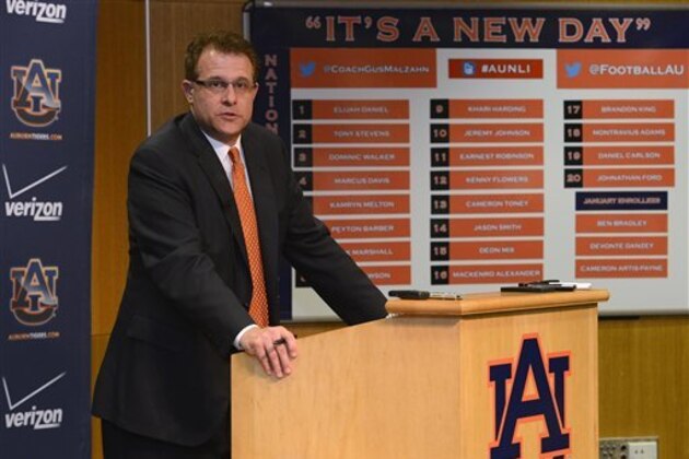 Auburn coach Gus Malzahn talks to the media during NCAA college football national signing day on Wednesday, Feb. 6, 2013 in Auburn, Ala. (AP Photo/Todd J. Van Emst)