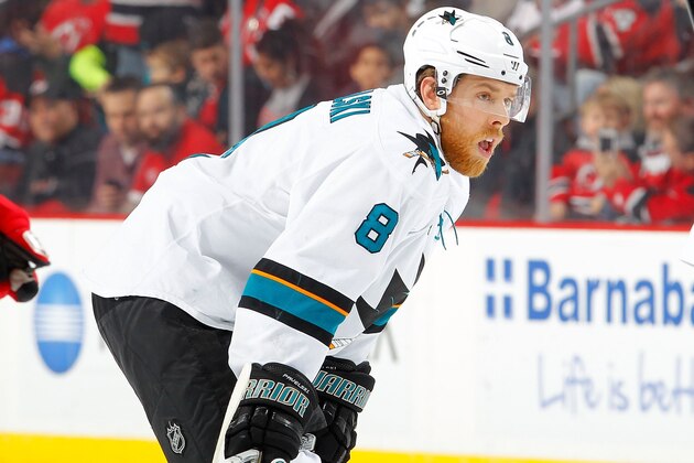 NEWARK, NJ - MARCH 02:  Joe Pavelski #8 of the San Jose Sharks in action against the New Jersey Devils at the Prudential Center on March 2, 2014 in Newark, New Jersey. The Sharks defeated the Devils 4-2.  (Photo by Jim McIsaac/Getty Images)