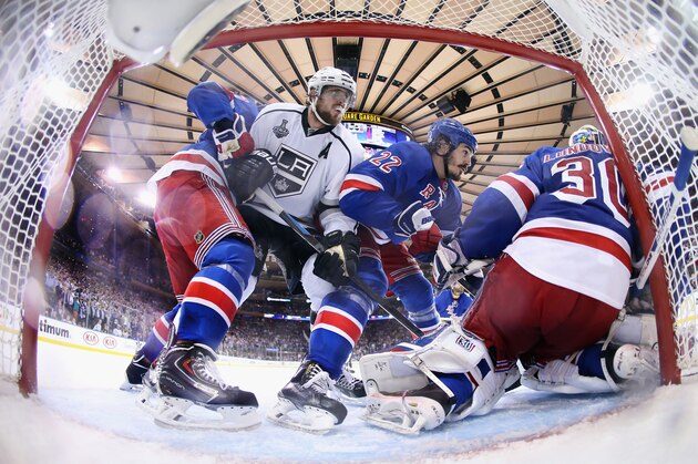 NEW YORK, NY - JUNE 11:  Anze Kopitar #11 of the Los Angeles Kings skates in on the New York Rangers net during Game Four of the 2014 NHL Stanley Cup Final at Madison Square Garden on June 11, 2014 in New York, New York. The Rangers defeated the Kings 2-1.  (Photo by Bruce Bennett/Getty Images)