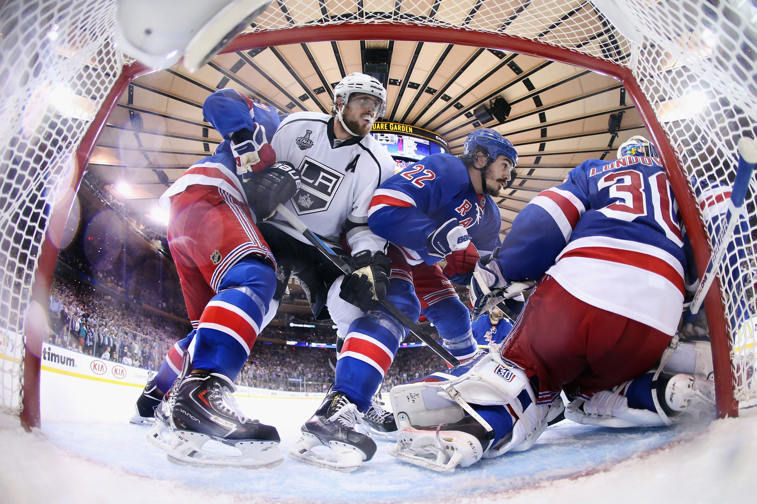 NEW YORK, NY - JUNE 11:  Anze Kopitar #11 of the Los Angeles Kings skates in on the New York Rangers net during Game Four of the 2014 NHL Stanley Cup Final at Madison Square Garden on June 11, 2014 in New York, New York. The Rangers defeated the Kings 2-1.  (Photo by Bruce Bennett/Getty Images)