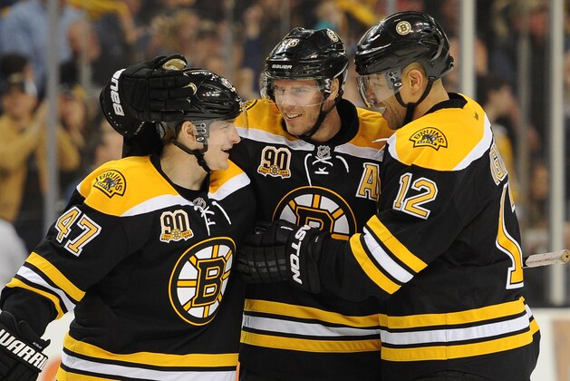 BOSTON, MA - APRIL 12: Torey Krug #47, David Krejci #46 and Jarome Iginla #12 of the Boston Bruins celebrate a goal against the Buffalo Sabres at the TD Garden on April 12, 2014 in Boston, Massachusetts.  (Photo by Brian Babineau/NHLI via Getty Images)