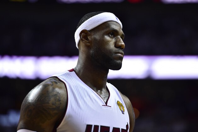 Jun 12, 2014; Miami, FL, USA; Miami Heat forward LeBron James (6) reacts during the third quarter of game four of the 2014 NBA Finals against the San Antonio Spurs at American Airlines Arena. Mandatory Credit: Bob Donnan-USA TODAY Sports