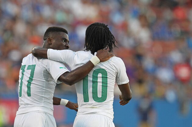 FRISCO, TX - JUNE 04: Gervais Kouassi Yao #10 of Ivory Coast celebrates with Didier Drogba #11 after scoring during the International friendly match between Ivory Coast and El Salvador at Toyota Stadium on June 4, 2014 in Frisco, Texas.  (Photo by Sarah Glenn/Getty Images)