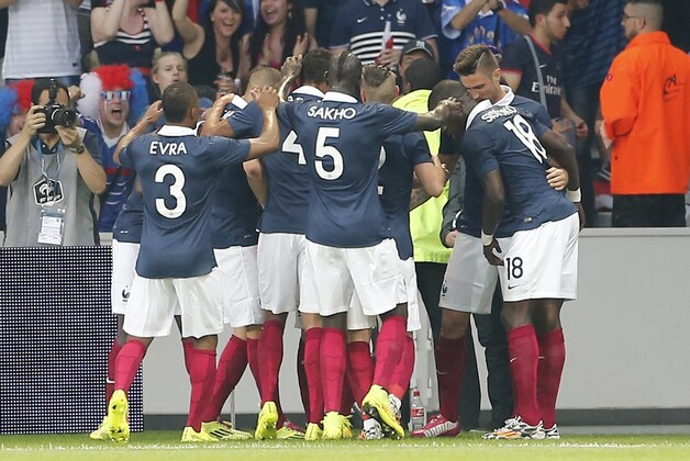French soccer team forward Yohan Cabaye, reacts after scoring against Jamaica during the friendly soccer match between France and Jamaica at the Lille Metropole stadium, in Villeneuve d'Ascq, northern France, Sunday, June 8, 2014. France in preparation for the upcoming FIFA soccer World Cup in Brazil starting on 12 June. (AP Photo/Jacques Brinon)