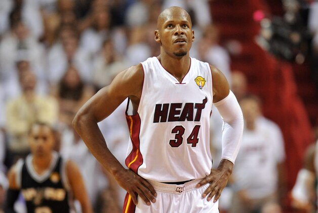 Jun 10, 2014; Miami, FL, USA; Miami Heat guard Ray Allen (34) reacts during the fourth quarter of game three of the 2014 NBA Finals against the San Antonio Spurs at American Airlines Arena. Mandatory Credit: Steve Mitchell-USA TODAY Sports