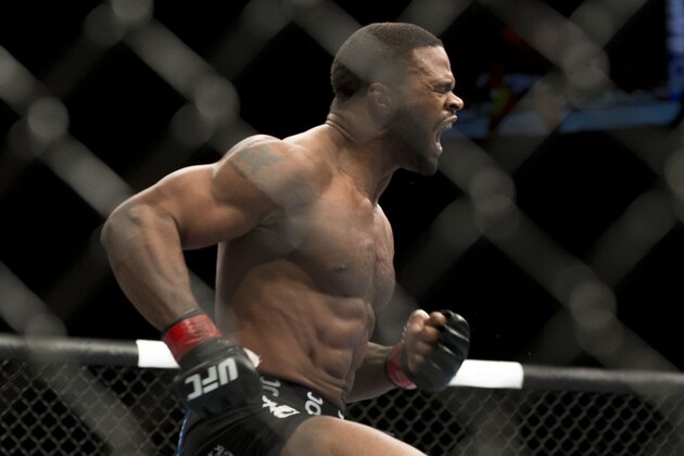 Tyron Woodley his first round KO victory over Jay Hieron during their UFC 156 welterweight mixed martial arts match, Saturday, Feb. 2, 2013 at The Mandalay Bay Resort & Casino in Las Vegas. (AP Photo/Eric Jamison)