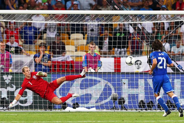KIEV, UKRAINE - JUNE 24:  Andrea Pirlo of Italy chips the ball in the penalty shootout past Joe Hart of England during the UEFA EURO 2012 quarter final match between England and Italy at The Olympic Stadium on June 24, 2012 in Kiev, Ukraine.  (Photo by Alex Livesey/Getty Images)