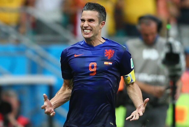 SALVADOR, BRAZIL - JUNE 13:  Robin van Persie of the Netherlands celebrates his teams first goal in the first half during the 2014 FIFA World Cup Brazil Group B match between Spain and Netherlands at Arena Fonte Nova on June 13, 2014 in Salvador, Brazil.  (Photo by Paul Gilham/Getty Images)