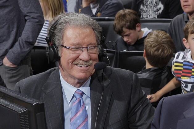 OAKLAND, CA - MARCH 8: NBA Commissioner, David Stern, talks to Golden State Warriors commentators Tim Roye and Jim Barnett during a game against the Houston Rockets on March 8, 2013 at Oracle Arena in Oakland, California. NOTE TO USER: User expressly acknowledges and agrees that, by downloading and or using this photograph, user is consenting to the terms and conditions of Getty Images License Agreement. Mandatory Copyright Notice: Copyright 2013 NBAE (Photo by Rocky Widner/NBAE via Getty Images)
