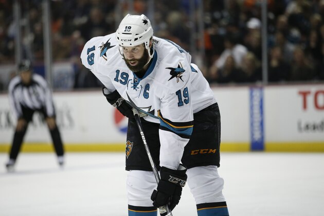 San Jose Sharks' Joe Thornton watches during the first period of an NHL hockey game against the Anaheim Ducks on Wednesday, April 9, 2014, in Anaheim, Calif. (AP Photo/Jae C. Hong)