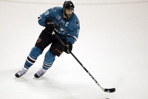 San Jose Sharks' Joe Thornton (19) in action against the Nashville Predators during an NHL hockey game on Saturday, April 5, 2014, in San Jose, Calif. (AP Photo/Marcio Jose Sanchez)
