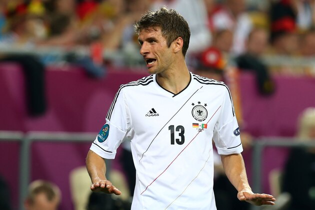 L'VIV, UKRAINE - JUNE 09:  Thomas Muller of Germany reacts during the UEFA EURO 2012 group B match between Germany and Portugal at Arena Lviv on June 9, 2012 in L'viv, Ukraine.  (Photo by Martin Rose/Getty Images)