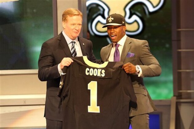 Brandin Cooks is seen with NFL Commissioner Roger Goodell after being selected by the New Orleans Saints at the 2014 NFL Draft at Radio City on Thursday, May 8th, 2014 in New York, NY.  (AP Photo/Gregory Payan)