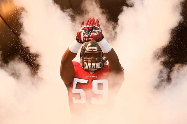 ATLANTA, GA - OCTOBER 20: Joplo Bartu #59 of the Atlanta Falcons runs out during player introductions prior to facing the Tampa Bay Buccaneers at Georgia Dome on October 20, 2013 in Atlanta, Georgia. (Photo by Kevin C. Cox/Getty Images) ATLANTA, GA - OCTOBER 20: Joplo Bartu #59 of the Atlanta Falcons runs out during player introductions prior to facing the Tampa Bay Buccaneers at Georgia Dome on October 20, 2013 in Atlanta, Georgia. (Photo by Kevin C. Cox/Getty Images)