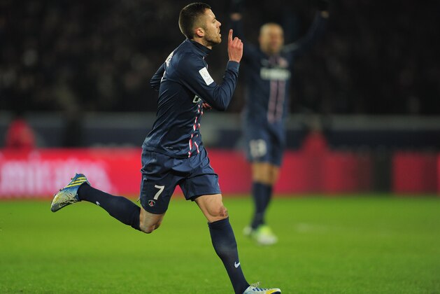 PARIS, FRANCE - FEBRUARY 08:  Jeremy Menez of Paris Saint-Germain celebrates his goal during the Ligue 1 match between Paris Saint-Germain FC and SC Bastia at Parc des Princes on February 8, 2013 in Paris, France.  (Photo by Jamie McDonald/Getty Images)