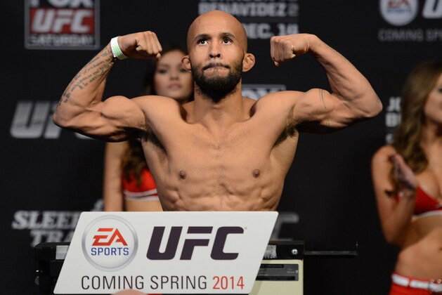 December 13, 2013; Sacramento, CA, USA; UFC flyweight championship fighter Demetrious Johnson participates in the official weigh-in for UFC on FOX 9 at Sleep Train Arena. Mandatory Credit: Kyle Terada-USA TODAY Sports