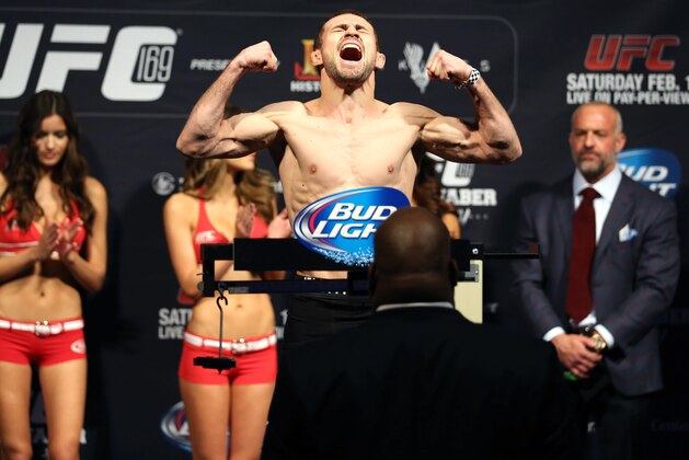 Jan 31, 2014; Newark, NJ, USA; John Lineker (not pictured) and Ali Bagautinov weigh in for their flyweight bout at Prudential Center. Mandatory Credit: Joe Camporeale-USA TODAY Sports