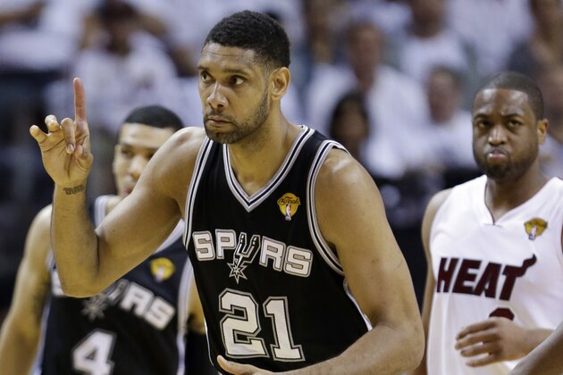 San Antonio Spurs forward Tim Duncan (21) gestures during the first half in Game 3 of the NBA basketball finals against the Miami Heat, Tuesday, June 10, 2014, in Miami. (AP Photo/Wilfredo Lee)