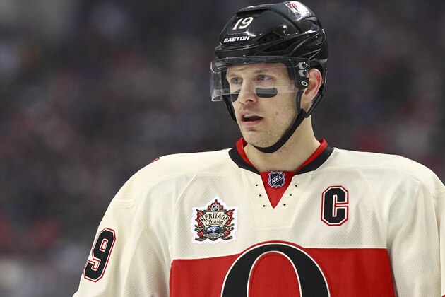 VANCOUVER, BC - MARCH 2:  Jason Spezza #19 of the Ottawa Senators skates up ice during the 2014 Tim Hortons NHL Heritage Classic against the Vancouver Canucks at BC Place Stadium March 2, 2014 in Vancouver, British Columbia, Canada. Ottawa won 4-2.  (Photo by Jeff Vinnick/NHLI via Getty Images)