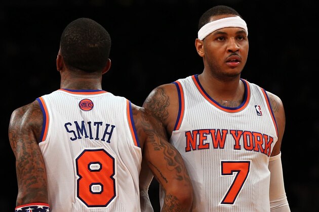 NEW YORK, NY - NOVEMBER 09:  Carmelo Anthony #7 and J.R. Smith #8 of the New York Knicks celebrate a foul against the Dallas Mavericks on November 9, 2012 at Madison Square Garden in New York City.The New York Knicks defeated the Dallas Mavericks 104-94. NOTE TO USER: User expressly acknowledges and agrees that, by downloading and/or using this photograph, user is consenting to the terms and conditions of the Getty Images License Agreement.  (Photo by Elsa/Getty Images)
