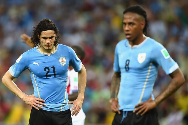 FORTALEZA, BRAZIL - JUNE 14: A dejected Edinson Cavani of Uruguay looks down during the 2014 FIFA World Cup Brazil Group D match between Uruguay and Costa Rica at Castelao on June 14, 2014 in Fortaleza, Brazil.  (Photo by Laurence Griffiths/Getty Images)
