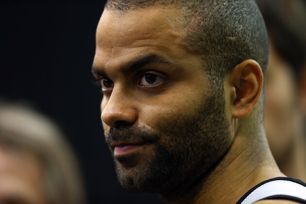 SAN ANTONIO, TX - JUNE 14:  Tony Parker #9 of the San Antonio Spurs speaks to the media on an off day following Game Four of the 2014 NBA Finals against the Miami Heat at the Spurs Practice Facility on June 14, 2014 in San Antonio, Texas. NOTE TO USER: User expressly acknowledges and agrees that, by downloading and or using this photograph, User is consenting to the terms and conditions of the Getty Images License Agreement.  (Photo by Andy Lyons/Getty Images)