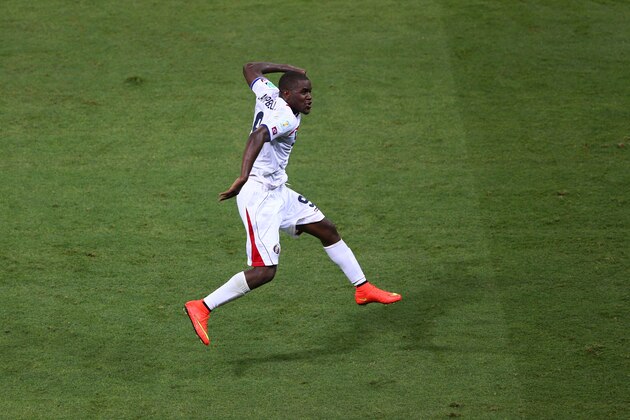 FORTALEZA, BRAZIL - JUNE 14:  Joel Campbell of Costa Rica celebrates after scoring the first goal during the 2014 FIFA World Cup Brazil Group D match between Uruguay and Costa Rica at Castelao on June 14, 2014 in Fortaleza, Brazil.  (Photo by Michael Steele/Getty Images)