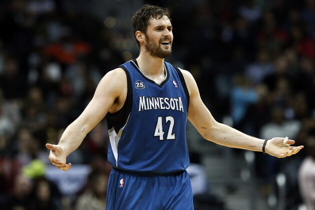 Minnesota Timberwolves forward Kevin Love reacts after a foul call during the second half of the Timberwolves' NBA basketball game against the Atlanta Hawks on Saturday, Feb. 1, 2014, in Atlanta. Atlanta won 120-113 despite Love's 43 points and 19 rebounds. (AP Photo/John Bazemore) Minnesota Timberwolves forward Kevin Love reacts after a foul call during the second half of the Timberwolves' NBA basketball game against the Atlanta Hawks on Saturday, Feb. 1, 2014, in Atlanta. Atlanta won 120-113 despite Love's 43 points and 19 rebounds. (AP Photo/John Bazemore)