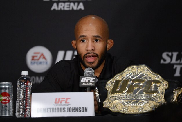 December 14, 2013; Sacramento, CA, USA; Demetrious Johnson addresses the media during the press conference after UFC on FOX 9 at Sleep Train Arena. Mandatory Credit: Kyle Terada-USA TODAY Sports
