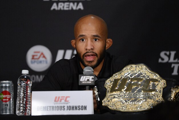 December 14, 2013; Sacramento, CA, USA; Demetrious Johnson addresses the media during the press conference after UFC on FOX 9 at Sleep Train Arena. Mandatory Credit: Kyle Terada-USA TODAY Sports
