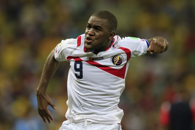 Costa Rica's Joel Campbell celebrates after the group D World Cup soccer match between Uruguay and Costa Rica at the Arena Castelao in Fortaleza, Brazil, Saturday, June 14, 2014.  Costa Rica won the match 3-1.  (AP Photo/Bernat Armangue)