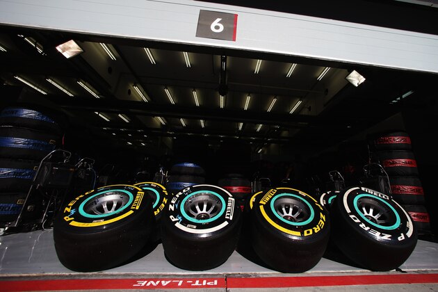 SAKHIR, BAHRAIN - APRIL 05:  Pirelli tyres are seen in the pitlane during qualifying for the Bahrain Formula One Grand Prix at the Bahrain International Circuit on April 5, 2014 in Sakhir, Bahrain.  (Photo by Mark Thompson/Getty Images)