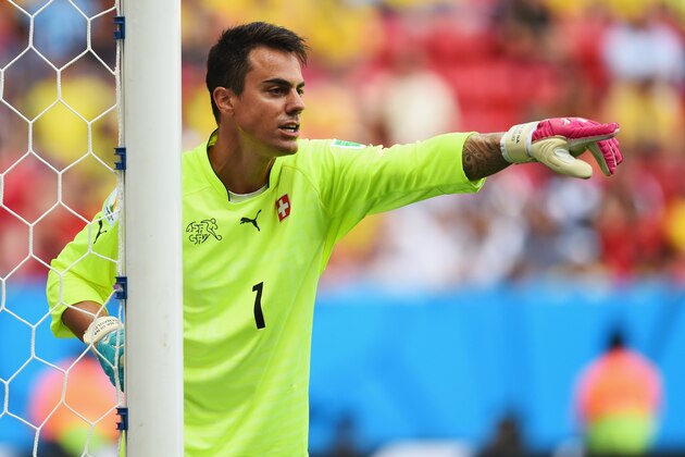 BRASILIA, BRAZIL - JUNE 15:  Diego Benaglio of Switzerland gestures during the 2014 FIFA World Cup Brazil Group E match between Switzerland and Ecuador at Estadio Nacional on June 15, 2014 in Brasilia, Brazil.  (Photo by Stu Forster/Getty Images)
