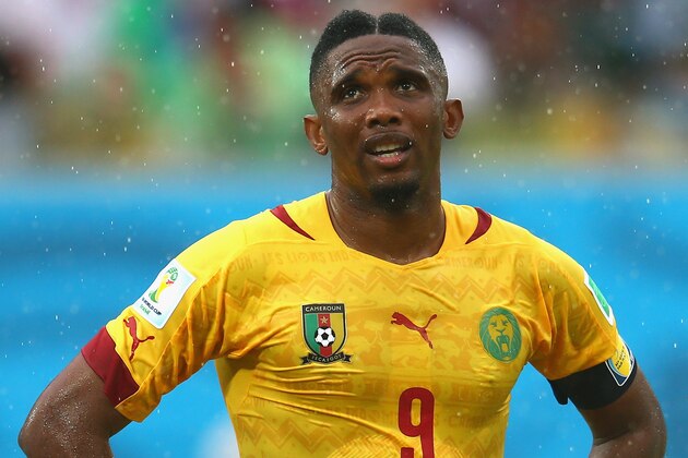 NATAL, BRAZIL - JUNE 13:  Samuel Eto'o of Cameroon looks on during the 2014 FIFA World Cup Brazil Group A match between Mexico and Cameroon at Estadio das Dunas on June 13, 2014 in Natal, Brazil.  (Photo by Julian Finney/Getty Images)