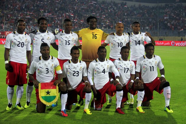 FILE- In this Nov. 19, 2013 file photo, Ghana soccer team poses prior to the start the World Cup qualifying soccer match between Egypt and Ghana at the Air Defense Stadium in Cairo, Egypt. Background from left: Kwadwo Asamoah, Michael Essien, Rashid Sumaila, Fatau Dauda, André Ayew and Jerry Akaminko. Foreground from left: Asamoah Gyan, Harrison Afful, Daniel Opare, Majeed Waris and Sulley Muntari.  (AP Photo/Ahmed Gomaa, File) - SEE FURTHER WORLD CUP CONTENT AT APIMAGES.COM