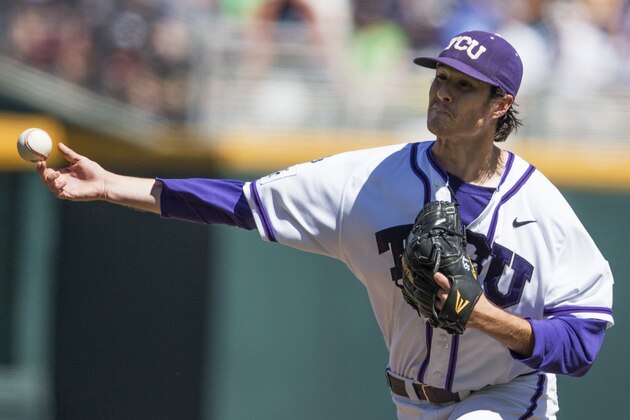 TCU pitcher Preston Morrison delivers against Texas Tech in the fifth inning of an NCAA baseball College World Series game in Omaha, Neb., Sunday, June 15, 2014. (AP Photo/Nati Harnik)