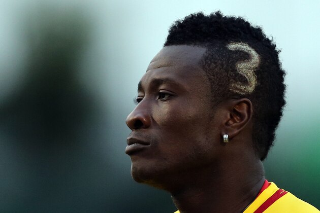 FIEL - In this Feb. 6, 2013, file photo, Ghana's captain Asamoah Gyan during their training at the team hotel in Nelspruit, South Africa, Tuesday Feb. 5, 2013. Ghana will play their African Cup of Nations semifinal soccer match against Burkina Faso. (AP Photo/Themba Hadebe)