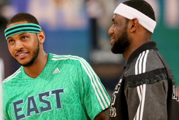 NEW ORLEANS, LA - FEBRUARY 16:  The Eastern Conference's Carmelo Anthony #7 of the New York Knicks and LeBron James #6 of the Miami Heat warm up before the game against the Western Conference during 2014 NBA All-Star game at the Smoothie King Center on February 16, 2014 in New Orleans, Louisiana. NOTE TO USER: User expressly acknowledges and agrees that, by downloading and or using this photograph, User is consenting to the terms and conditions of the Getty Images License Agreement.  (Photo by Ronald Martinez/Getty Images)