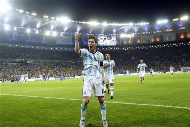 Argentina's Lionel Messi celebrates scoring his side's second goal during the group F World Cup soccer match between Argentina and Bosnia at the Maracana Stadium in Rio de Janeiro, Brazil, Sunday, June 15, 2014. (AP Photo/Victor R. Caivano) Argentina's Lionel Messi celebrates scoring his side's second goal during the group F World Cup soccer match between Argentina and Bosnia at the Maracana Stadium in Rio de Janeiro, Brazil, Sunday, June 15, 2014. (AP Photo/Victor R. Caivano)