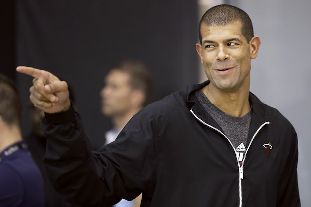 Miami Heat forward Shane Battier arrives at a media availability for the NBA basketball finals on Saturday, June 14, 2014, in San Antonio. Miami plays Game 5 against the San Antonio Spurs on Sunday. (AP Photo/David J. Phillip)
