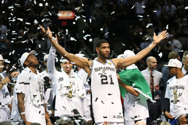 SAN ANTONIO, TX - JUNE 15: Tim Duncan #21 of the San Antonio Spurs celebrates winning the NBA Finals after Game Five of the 2014 NBA Finals at AT&T Center on June 15, 2014 in San Antonio, Texas. NOTE TO USER: User expressly acknowledges and agrees that, by downloading and/or using this photograph, user is consenting to the terms and conditions of the Getty Images License Agreement.  Mandatory Copyright Notice: Copyright 2014 NBAE (Photo by David Sherman/NBAE via Getty Images)