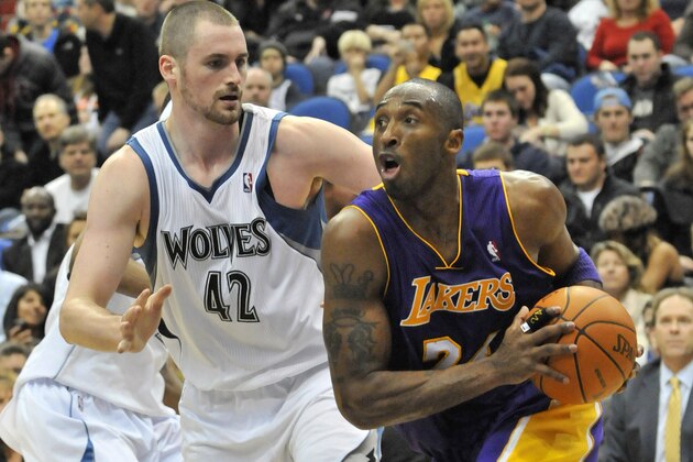 Minnesota Timberwolves' Kevin Love, left, defends against Los Angeles Lakers' Kobe Bryant during the second half of an NBA basketball game Friday, Nov. 19, 2010, in Minneapolis. Bryant scored 23 points for the Lakers in their 112-95 win. Love went scoreless but had seven rebounds. (AP Photo/Jim Mone)