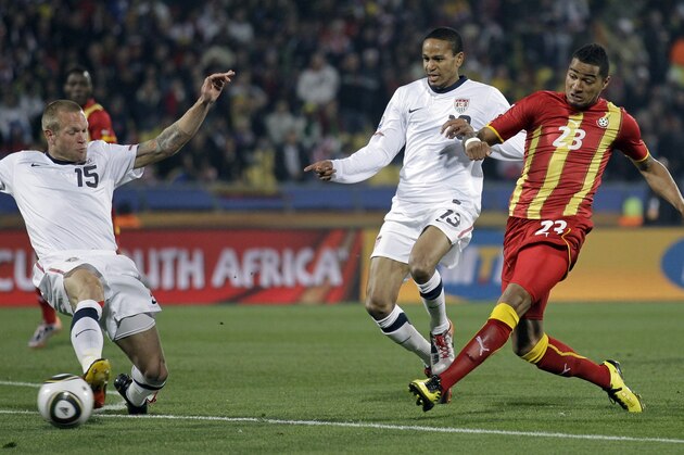 Ghana's Kevin-Prince Boateng, right, scores the opening goal past United States' Jay DeMerit, left, during the World Cup round of 16 soccer match between the United States and Ghana at Royal Bafokeng Stadium in Rustenburg, South Africa, on Saturday, June 26, 2010. (AP Photo/Matt Dunham) Ghana's Kevin-Prince Boateng, right, scores the opening goal past United States' Jay DeMerit, left, during the World Cup round of 16 soccer match between the United States and Ghana at Royal Bafokeng Stadium in Rustenburg, South Africa, on Saturday, June 26, 2010. (AP Photo/Matt Dunham)