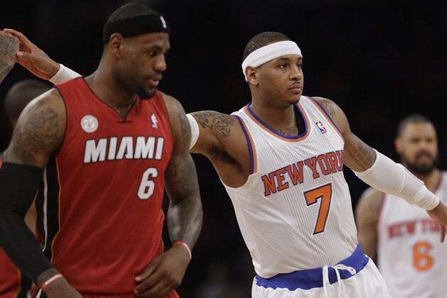 Miami Heat forward LeBron James (6), New York Knicks forward Carmelo Anthony (7) and New York Knicks center Tyson Chandler (6) are shown before their NBA basketball game at Madison Square Garden in New York, Sunday, March 3, 2013.  (AP Photo/Kathy Willens)