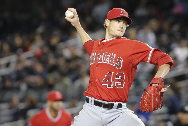 Los Angeles Angels starting pitcher Garrett Richards throws in the first inning of their baseball game against the New York Yankees at Yankee Stadium, Sunday, April 27, 2014, in New York. The Yankees won 3-2. (AP Photo/John Minchillo)