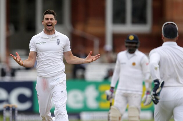 LONDON, ENGLAND - JUNE 16:  James Anderson of England celebrates taking the wicket of Lahiru Thirimanne of Sri Lanka during day five of 1st Investec Test match between England and Sri Lanka at Lord's Cricket Ground on June 16, 2014 in London, England.  (Photo by Tom Shaw/Getty Images)