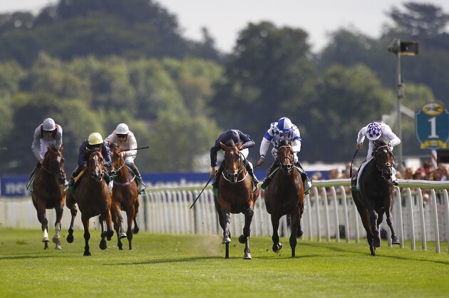 YORK, ENGLAND - AUGUST 21:   Joseph O'Brien riding Declaration Of War (C, dark blue) wins The Juddmonte International Stakes from Trading Leather (R) as Richard HUghes riding Toronado (L) finish tailed off at York racecourse on August 21, 2013 in York, England. (Photo by Alan Crowhurst/Getty Images)