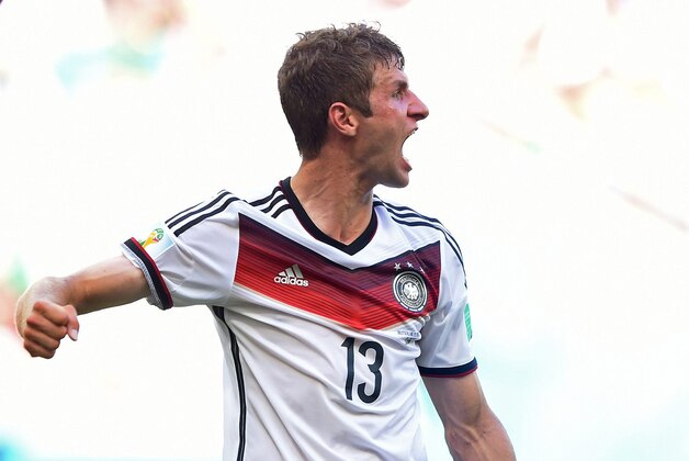 June 16, 2014; Salvador, BRAZIL; Germany player Thomas Mueller celebrates a goal against Portugal during Group G play during the 2014 World Cup at Arena Fonte Nova.  Mandatory Credit: Tim Groothuis/Witters Sport via USA TODAY Sports