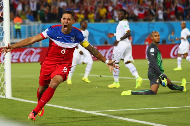 NATAL, BRAZIL - JUNE 16:  Clint Dempsey of the United States reacts after scoring his team's first goal past goalkeeper Adam Kwarasey of Ghana during the 2014 FIFA World Cup Brazil Group G match between Ghana and the United States at Estadio das Dunas on June 16, 2014 in Natal, Brazil.  (Photo by Michael Steele/Getty Images)