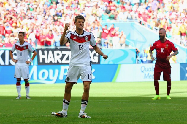 SALVADOR, BRAZIL - JUNE 16: Thomas Mueller of Germany reacts after scoring his team's first goal on a penalty kick during the 2014 FIFA World Cup Brazil Group G match between Germany and Portugal at Arena Fonte Nova on June 16, 2014 in Salvador, Brazil.  (Photo by Martin Rose/Getty Images)